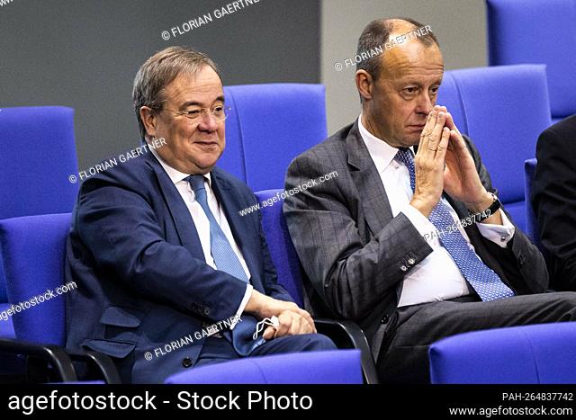 (LR) Armin Laschet, CDU party chairman, and Friedrich Merz, withgladobe.com/exif/1.0/aux/ ""x (CDU / CSU), recorded during the session of the German Bundestag...