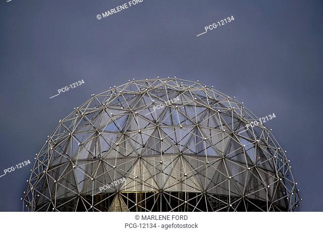 The glass geodesic dome of the Science World building