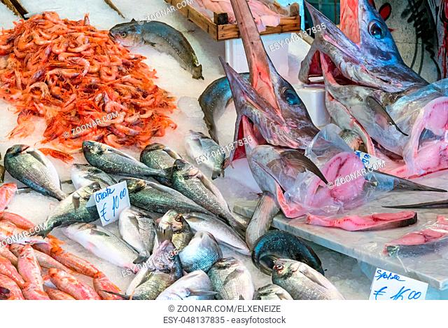 Schwertfisch und andere Fischsorten auf einem Markt in Palermo
