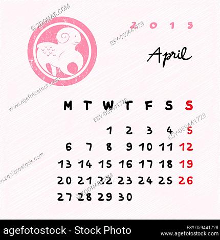 Calendar 2015 page illustration with zodiac sign of Aries as grungy stamp over a colored scribble background, April