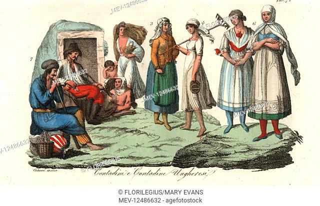 Costumes of Hungarian peasantry, 18th century. Handcoloured copperplate engraving by Giarre from Giulio Ferrario's Costumes Ancient and Modern of the Peoples of...