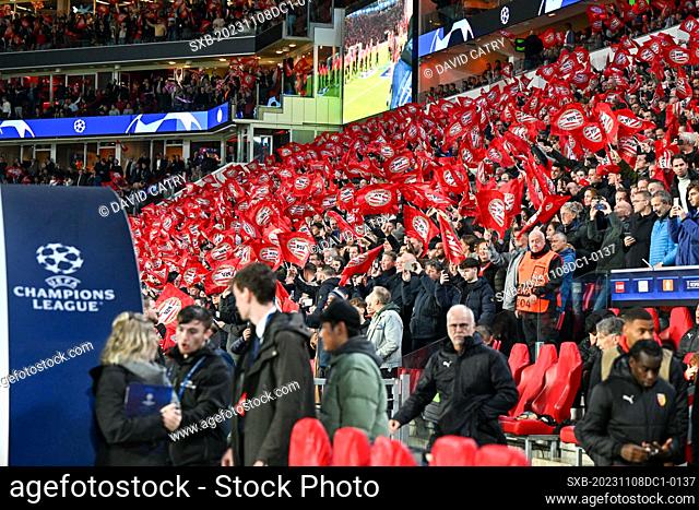 fans and supporters of PSV waving flags during the Uefa Champions League matchday 4 game in group B in the 2023-2024 season between PSV Eindhoven and Racing...