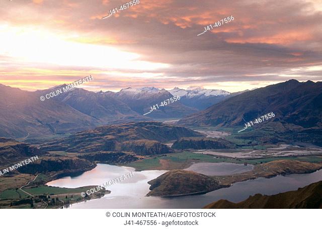 Sunset over Lake Wanaka. Mt. Aspiring in distance from Mt. Roy. Central Otago. New Zealand