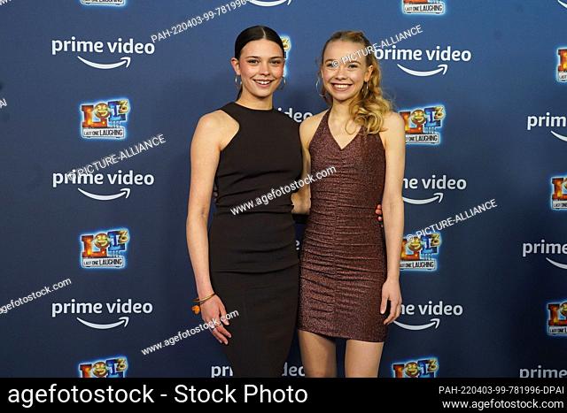 03 April 2022, Berlin: Tina (Harriet Herbig-Matten) and Bibi (Katharina Hirschberg) arrive for the premiere of the third season of ""LOL: Last One Laughing
