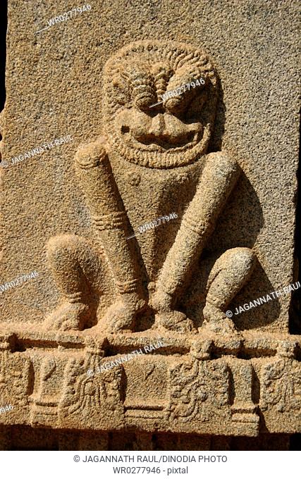 Sculpture on pillar of Hajara Rama temple , Hampi Vijayanagar ruins , Karnataka , India