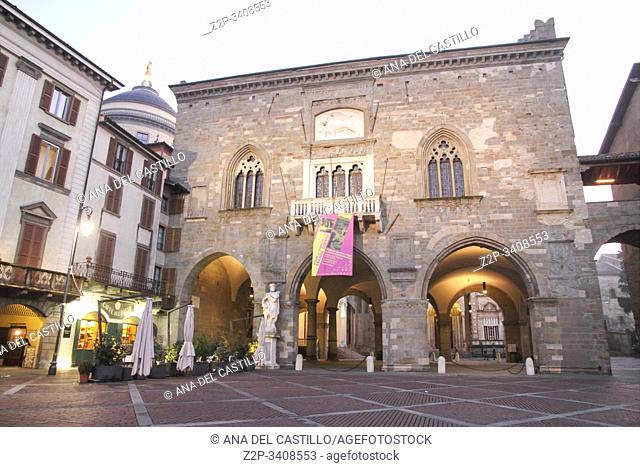 Bergamo Italy Piazza vecchia, old square in the upper city with Reggione Palace which was the seat of the administration of the city