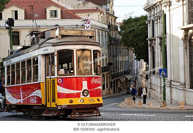 Historic tram Electrico, line 28, in the Alfama district, Lisbon, Portugal, Europe