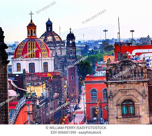 Zocalo Chruches Painted Domes Steeples Streets, Center of Mexico City Mexic