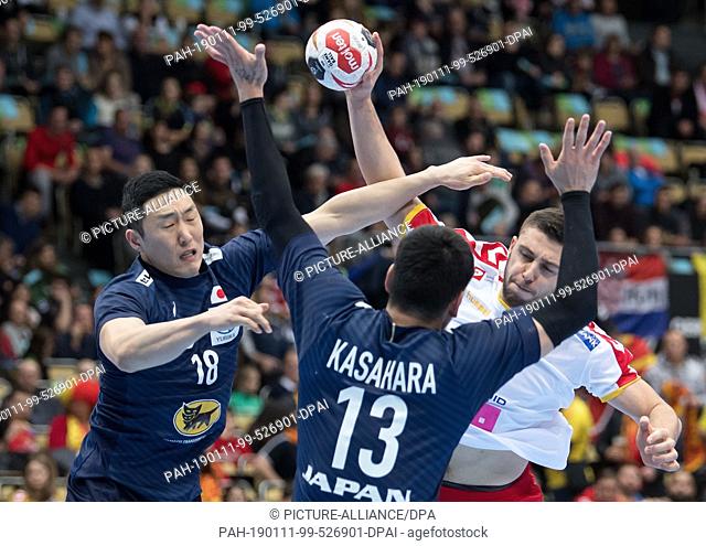 11 January 2019, Bavaria, München: Handball: World Cup, Japan - Macedonia, preliminary round, Group B, 1st matchday in the Olympic Hall