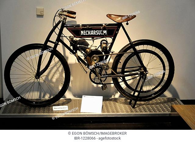 Racing motorbike, 2.9 HP, built in 1907, German Motorcycle and NSU Museum, Neckarsulm, Baden-Wuerttemberg, Germany, Europe