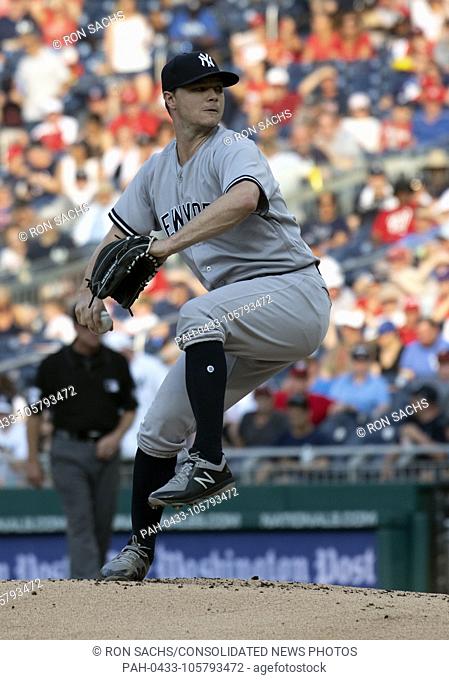 New York Yankees starting pitcher Sonny Gray (55) pitches in the first inning against the Washington Nationals at Nationals Park in Washington, D.C