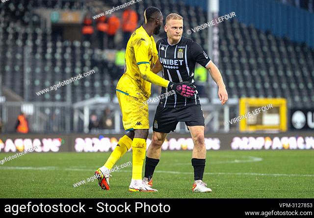 Charleroi's Herve Koffi and Charleroi's Jules Van Cleemput celebrate during a soccer match between Sporting Charleroi and KAS Eupen