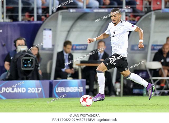 The German player Jeremy Toljan plays the ball during the men's U21 European Cup Group C match between Germany and Denmark in Krakow, Poland, 21 June 2017