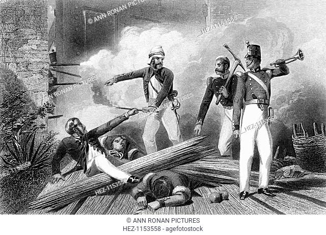 Blowing up of the Cashmere Gate, Delhi, Indian Mutiny, 1857. Shot through the arm and leg, Lieutenant Salkeld hands a slow match to Corporal F Burgess
