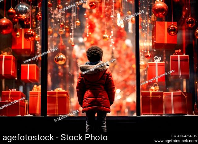 little boy in a red jacket looking through a display window at Christmas decorations and gifts in a store.Generative AI