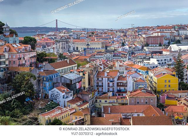 Aerial view from Miradouro da Graca viewing point in Lisbon, Portugal, view with Carmo Convent and 25th April Bridge