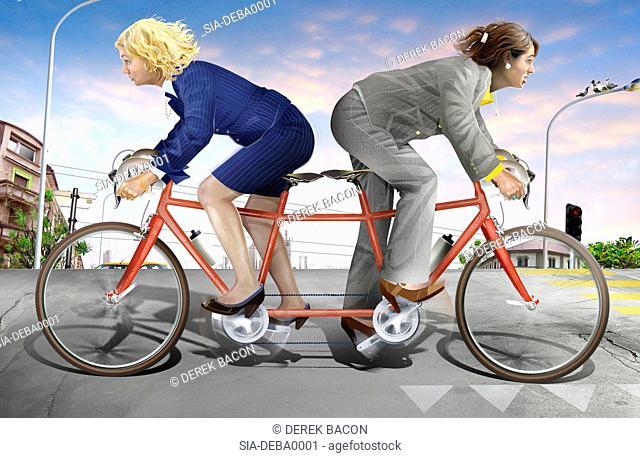 Businesswomen cycling in different directions
