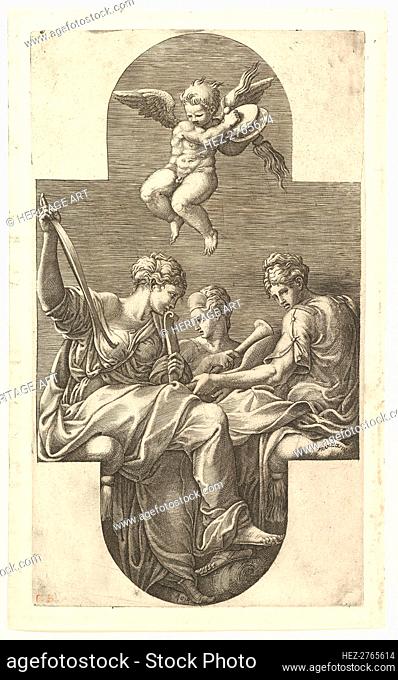 Three Muses and a Putto with Cymbals, a cruciform composition, from a series of eight com.., 1560s. Creator: Giorgio Ghisi