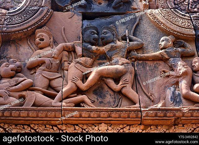 Bas relief on the western gopuram, pink sandstone with ornamentation, Khmer Hindu temple, Banteay Srei, Angkor region, Siem Reap province, Cambodia