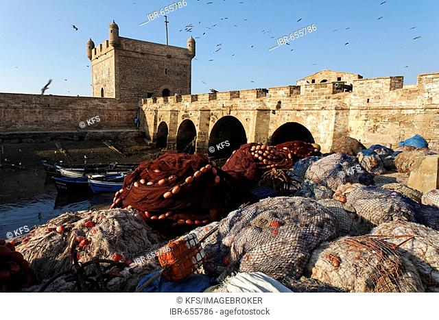 Folded-up fishing nets at Scala du Port Fortress, Essaouira, Morocco, Africa
