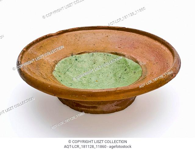 Earthenware dish on stand, green and brown glazed, dish plate tableware holder soil find ceramic earthenware glaze lead glaze clay
