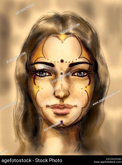 mystical sacred goddess, young woman face, computer drawing