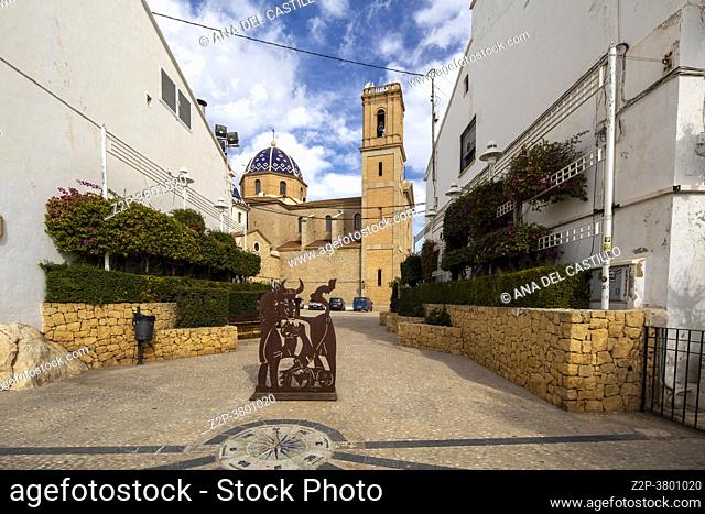 Altea Alicante Spain on February 8, 2021: Old white town streets of Altea Costa Blanca, Spain Consuelo Our Lady of Solace church