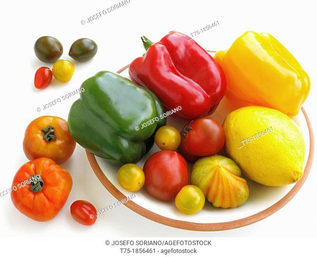 Assorted tomatoes, peppers and lemon