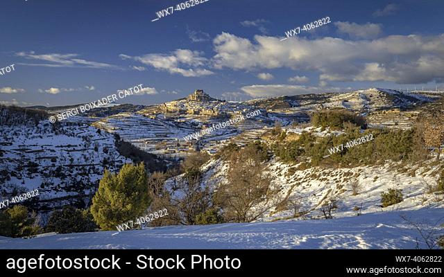 Morella medieval city in a winter sunset, after a snowfall (Castellón province, Valencian Community, Spain)