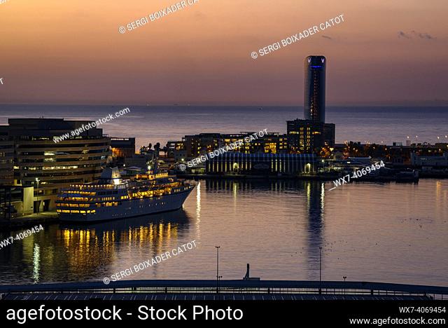 Port Vell (the Old Harbor) and Jaume I tower in Barcelona at sunrise (Barcelona, Catalonia, Spain)