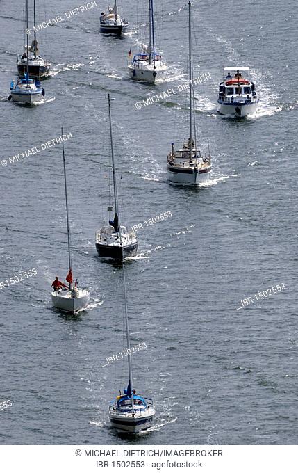 Sailing boats, pleasure craft traffic on Kiel Canal, Schleswig-Holstein, Germany, Europe