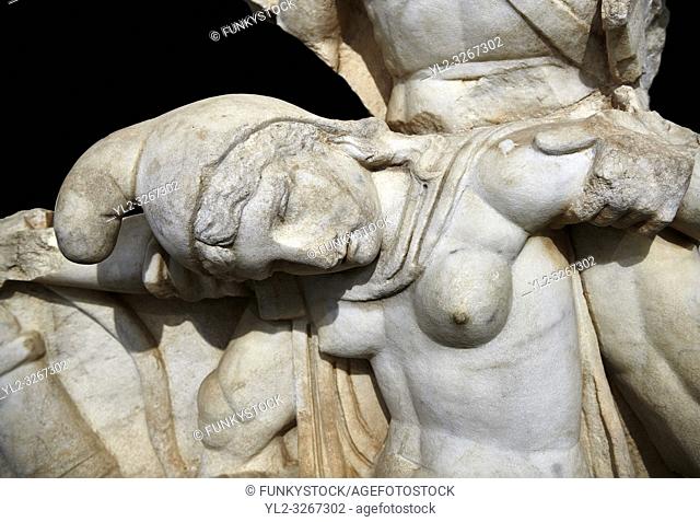 Close up of Roman Sebasteion relief sculpture of Nero conquering Armenia depicting a fallen female representing Armenia, Aphrodisias Museum, Aphrodisias, Turkey