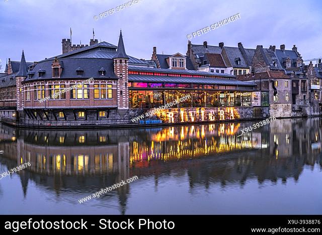 Bar Riviera by the river at dusk, Ghent, Belgium
