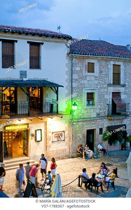 Restaurant in Main Square, night view. Covarrubias, Burgos province, Castilla Leon, Spain