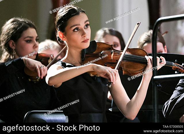 RUSSIA, MOSCOW - FEBRUARY 11, 2023: Concertmaster Valeria Abramova performs during a concert as part of the closing ceremony of the 4th Moscow Winter...