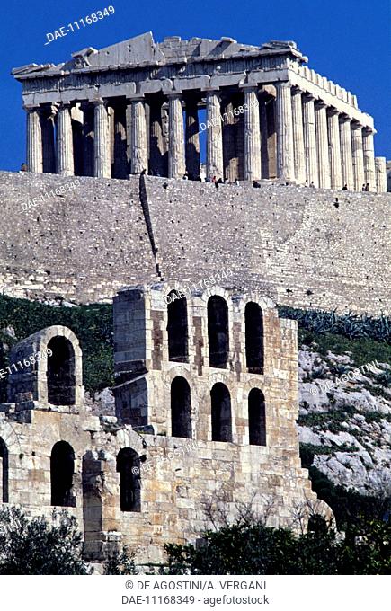 The Odeon of Herodes Atticus, 161-174, with the Parthenon in the background, 5th century BC, Acropolis in Athens (UNESCO World Heritage List, 1987), Greece
