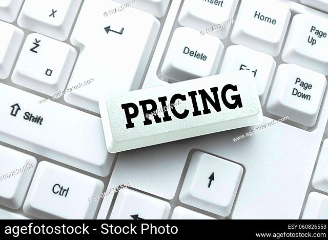 Text sign showing Pricing, Word Written on the method companies use to price their products or services Typing New Edition Of Informational Ebook