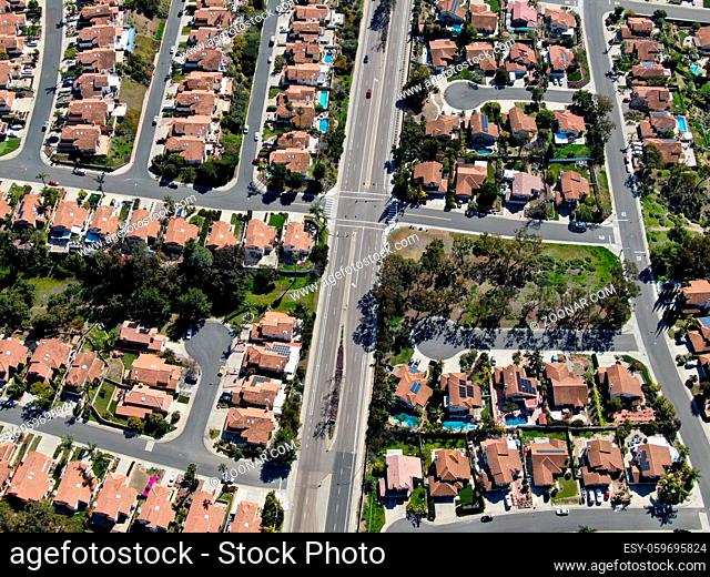 Aerial view suburban neighborhood with big villas next to each other in Black Mountain, San Diego, California, USA. Aerial view of residential modern...
