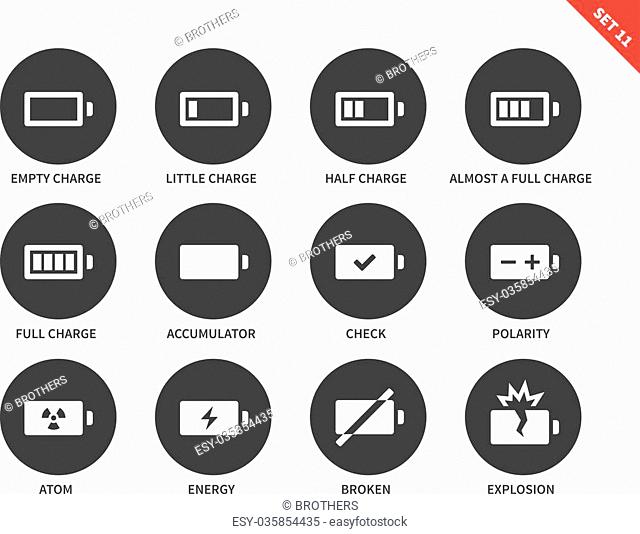 Battery charge indicators vector icons set. Charge level indicators for interface, batteries, accumulators. Icons for tablets and mobile devices