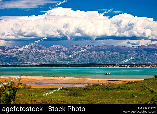 Amazing sea and mountain landscape near Nin, town in Dalmatia region of Croatia