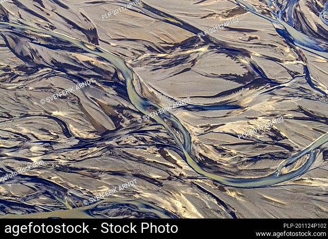 Aerial view over the Markarfljot river delta, sandur plain, formed of glacial sediments deposited by meltwater outwash in summer, Iceland