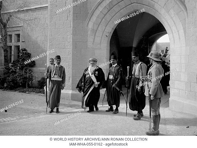 Photograph of Jacob Meir (1856-1939) a Sephardic chief rabbi under the British Mandate leaving the Government House following a meeting with the High...