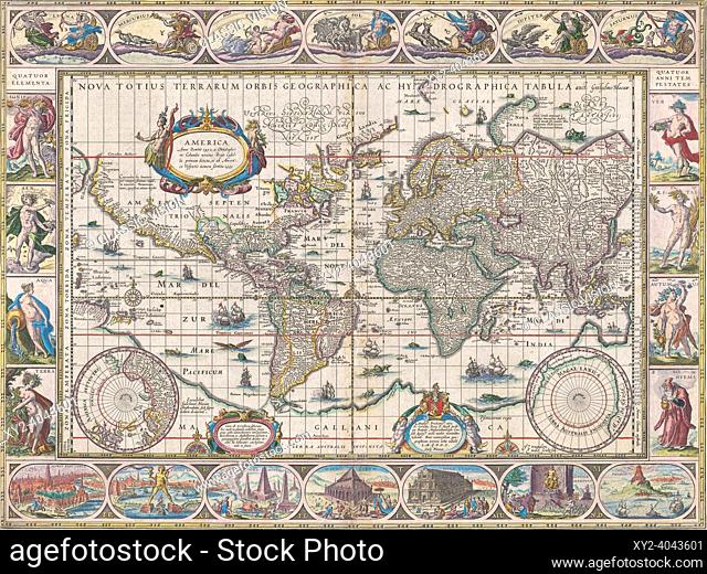 World map dating from 1634/1635 by Willem Blaeu. Nova totius terrarum orbis geographica ac hydrographica tabula. Along the bottom of the map are illustrations...