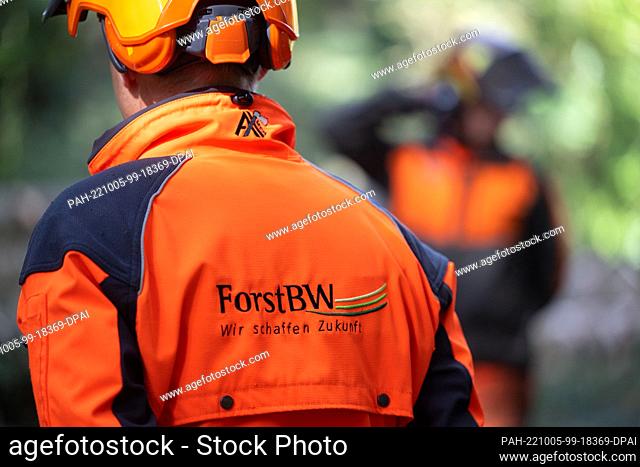 05 October 2022, Baden-Württemberg, Herbertingen: Participants of a press event of Forst BW on the topic of timber harvesting stand in a forest area