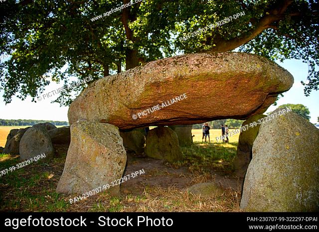 07 July 2023, Saxony-Anhalt, Stöckheim: Participants of an event for the inauguration of an information sign at the megalithic grave Stöckheim stand at a group...