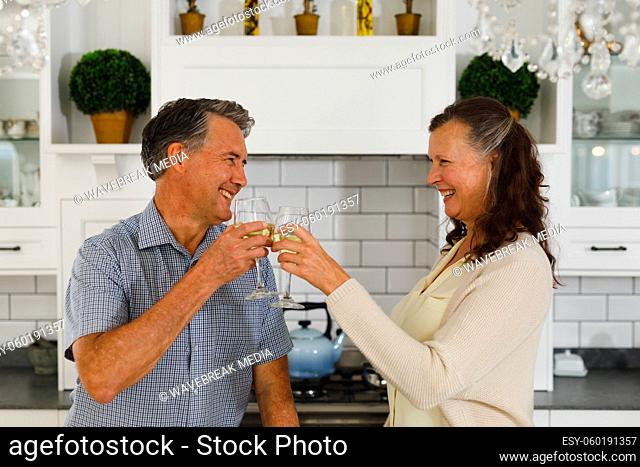 Happy senior caucasian couple in modern kitchen, drinking wine, making a toast and smiling