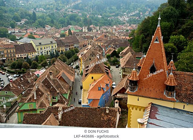 View from clock tower in the historic centre, Sighisoara, Transylvania, Romania