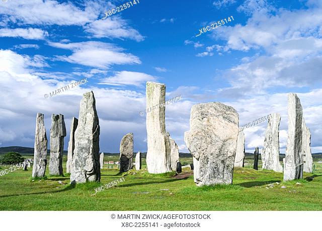 Standing Stones of Callanish (Callanish 1) on the Isle of Lewis in the Outer Hebrides. The megalithic monument is cross shaped with a central ring of stones and...
