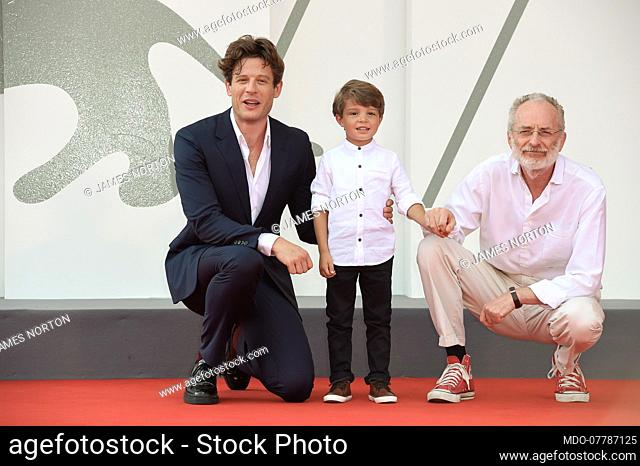 Actors James Norton and Michael Lamont with director Uberto Pasolini at the 77 Venice International Film Festival 2020. Nowhere Special red carpet