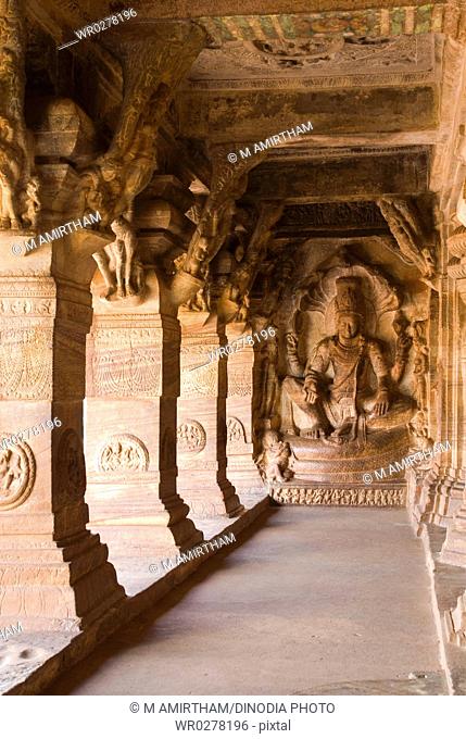 Cave three dedicated to Vishnu largest and most elaborate at Badami , Karnataka , India